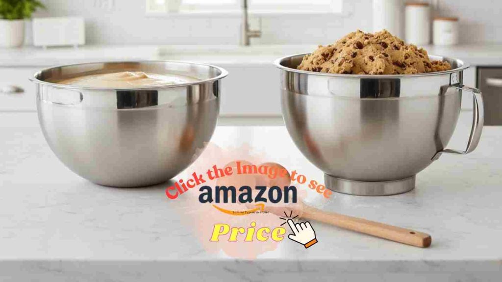 5qt vs 8qt mixing bowls side by side on marble countertop showing capacity difference with batter and cookie dough.