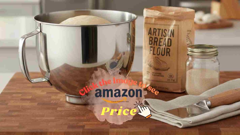 8qt mixing bowl holds a full bread dough ball with plenty of room to spare on a butcher block countertop.