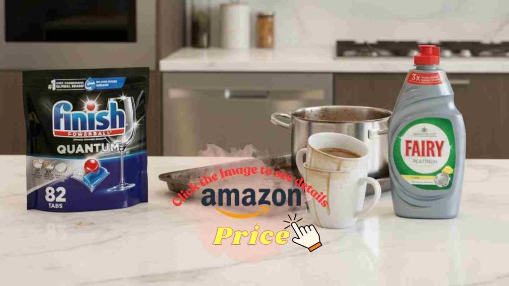 Finish Quantum vs Fairy Platinum face off on a kitchen counter beside greasy pans and stained mugs needing a deep clean.