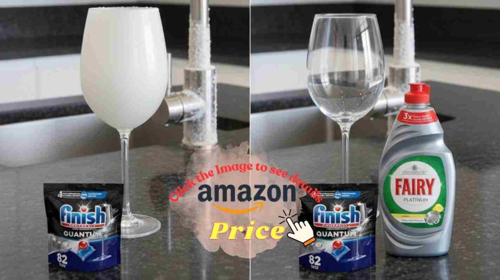 Finish Quantum vs Fairy Platinum hard water test — cloudy mineral film on the left, crystal-clear glass on the right.