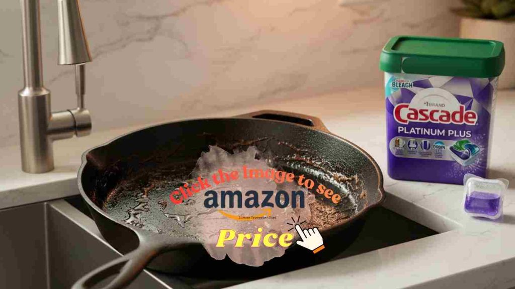 Greasy bacon skillet next to Cascade Platinum testing cleaning power on tough cooking oil residue in kitchen sink