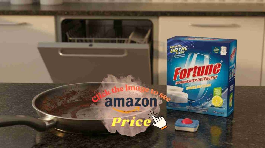 Greasy pan with baked-on food on countertop beside Finish and Fortune products — illustrating tough grease cleaning power.