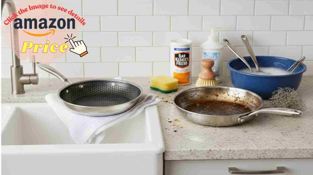 HexClad wipes clean in seconds; All-Clad stainless needs Bar Keeper's Friend scrubbing in cookware cleaning comparison.
