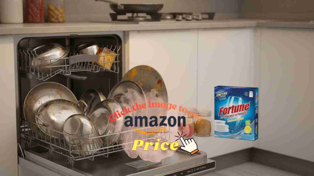 Indian cookware loaded in dishwasher with spice jars and Fortune box nearby — value for Indian style cooking test.