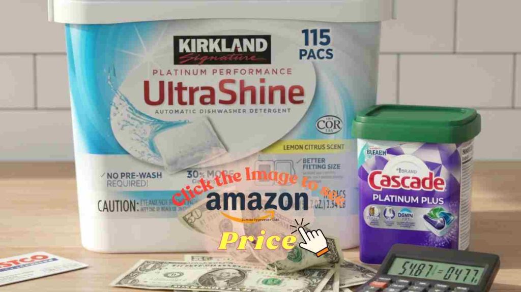 Kirkland Ultrashine bulk pack with cash and calculator showing price per load savings and best budget value choice