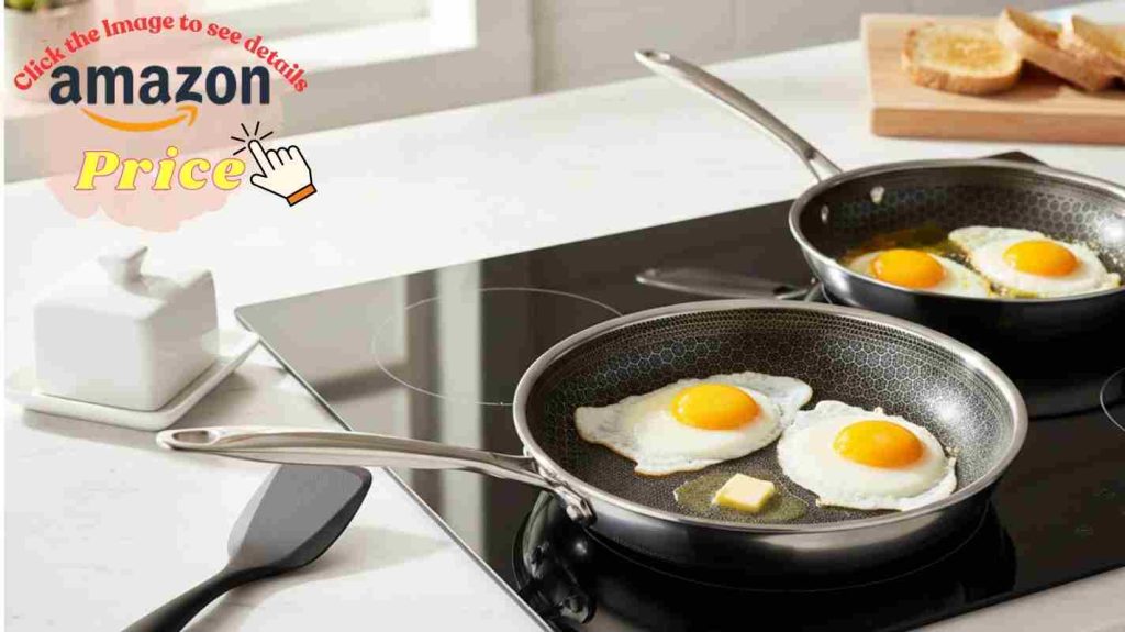 Non-stick egg test shows HexClad eggs slide with butter while All-Clad stainless steel surface causes egg sticking.