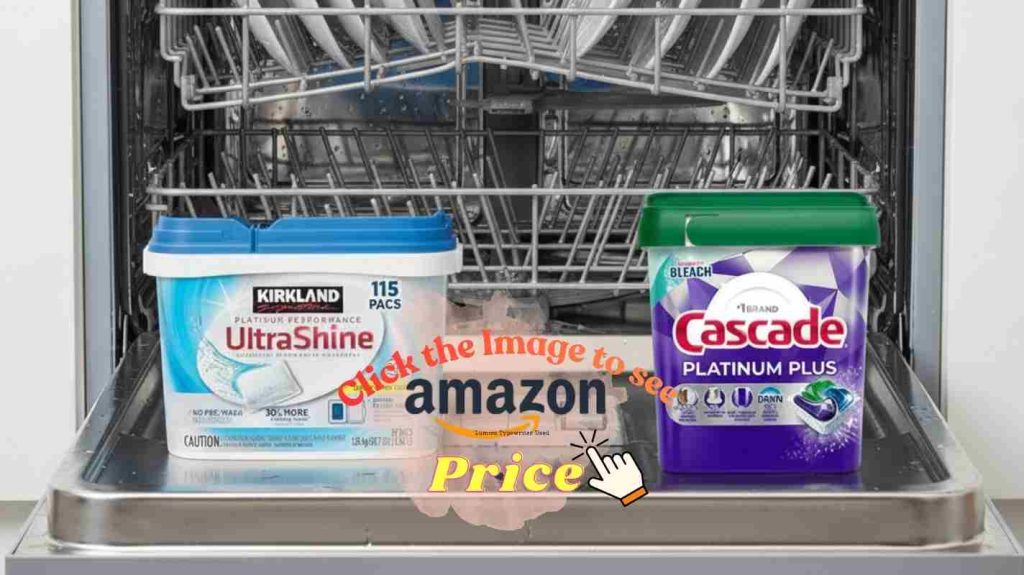 Open dishwasher dispenser showing Kirkland vs Cascade pod dissolving reliability with residue comparison test