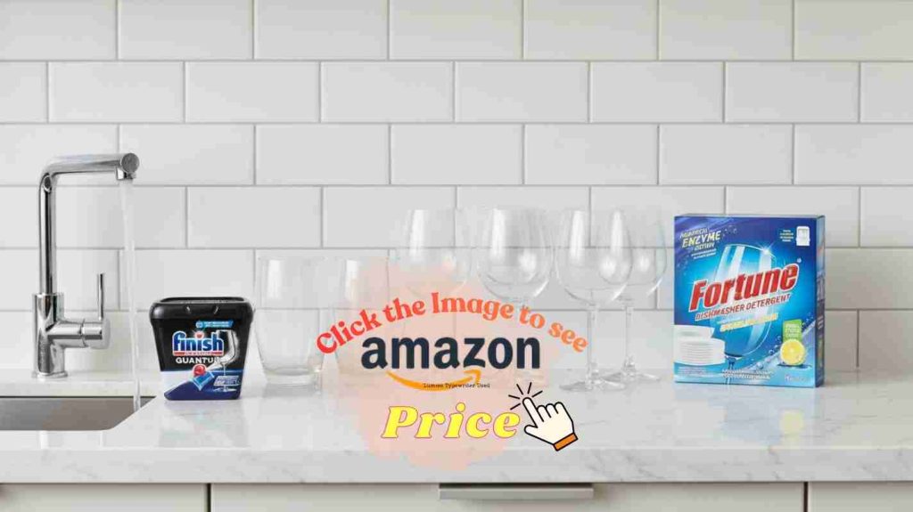 Sparkling glasses lined up showing hard water mineral spots with Finish and Fortune detergents — hard water performance.