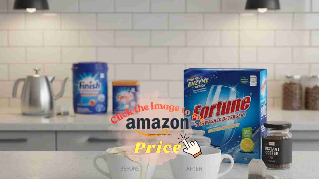 Stained and clean tea cups with kettle and coffee jar beside both detergent brands — tea coffee stain performance.