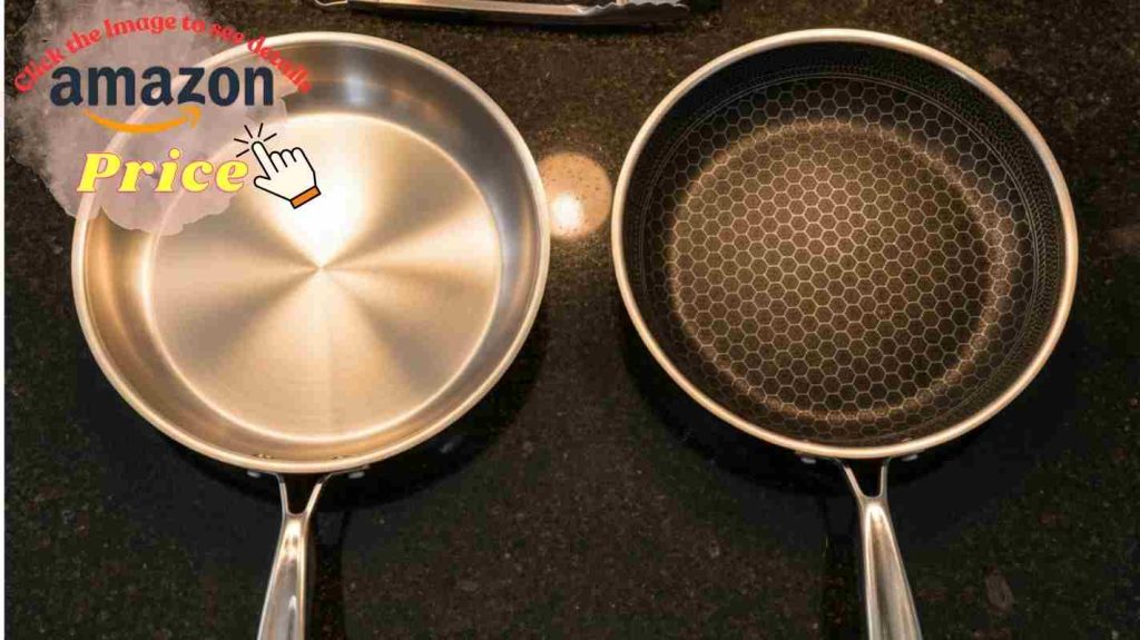 Top-down close-up of All-Clad smooth stainless steel surface vs HexClad honeycomb hybrid cooking surface design detail.