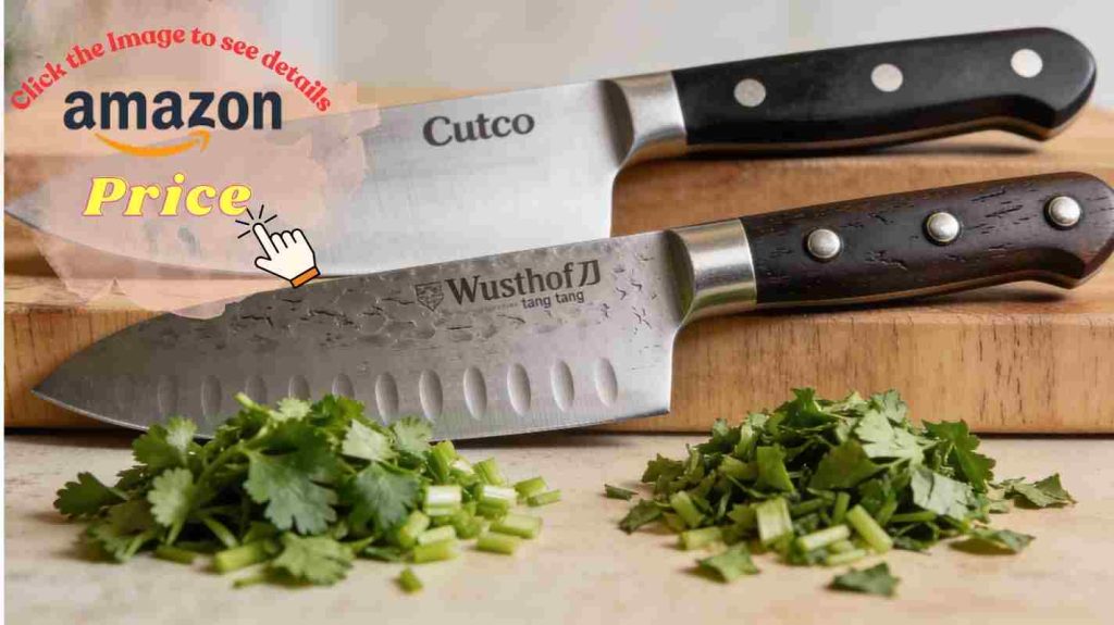 Blade construction comparison of stamped Cutco versus forged Wusthof with bolster and parsley cuts