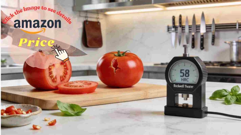 Blade hardness and sharpness test showing clean tomato slice vs compressed cut with Rockwell hardness rating display