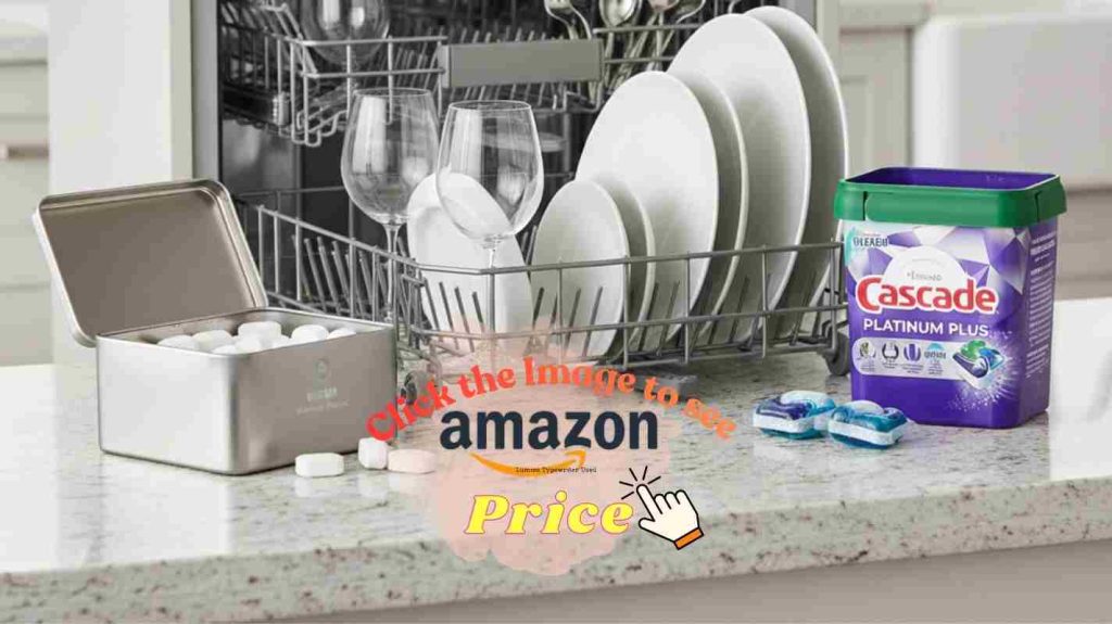 Blueland vs Cascade dishwasher detergent comparison on kitchen countertop with open dishwasher showing clean results