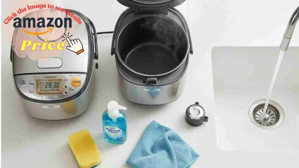 Cleaning scene: Cuckoo runs self-clean steam cycle on counter while Zojirushi lid and vent sit beside sponge for washing.