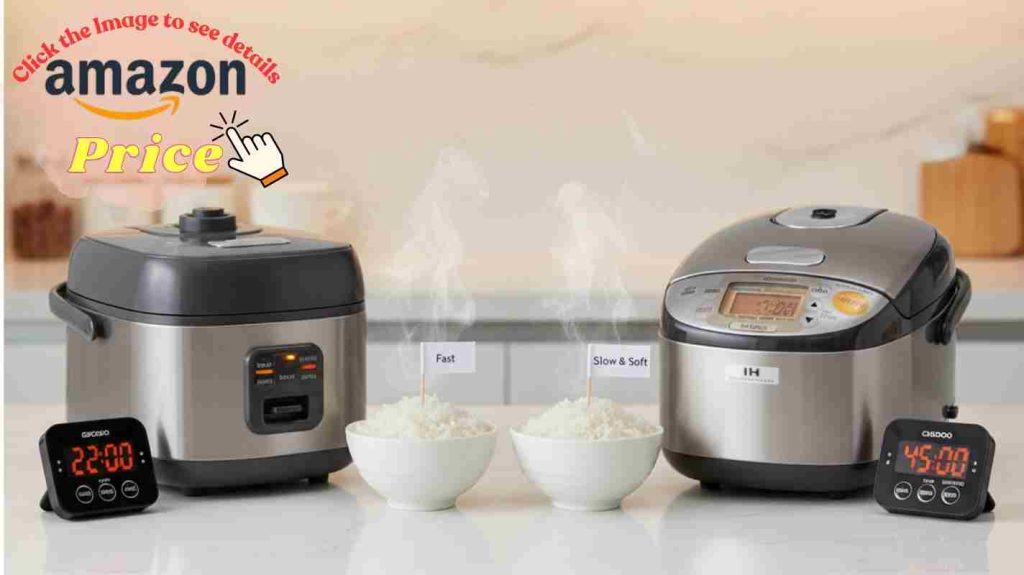 Cook speed comparison: Cuckoo timer at 22 min, Zojirushi at 45 min, steaming rice bowls show fast vs slow cook results.