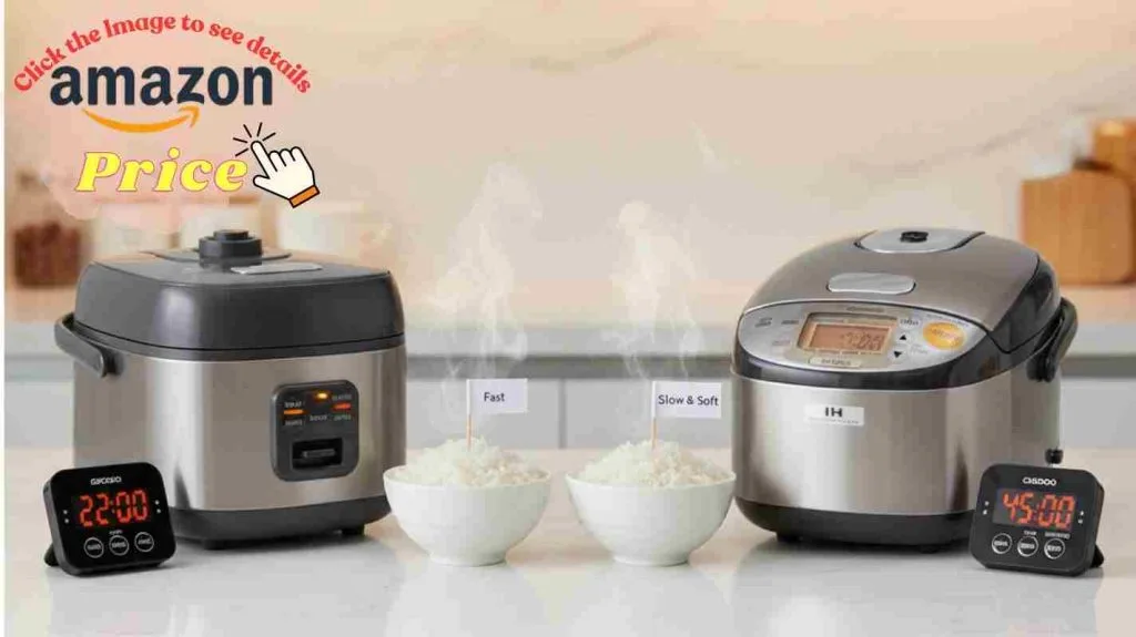 Cook speed comparison: Cuckoo timer at 22 min, Zojirushi at 45 min, steaming rice bowls show fast vs slow cook results.

