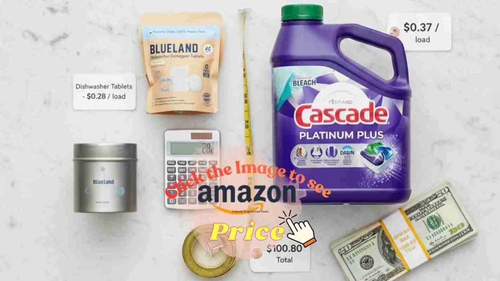 Cost per load comparison: Blueland steel tin refills vs Cascade plastic jug on kitchen counter with price calculations