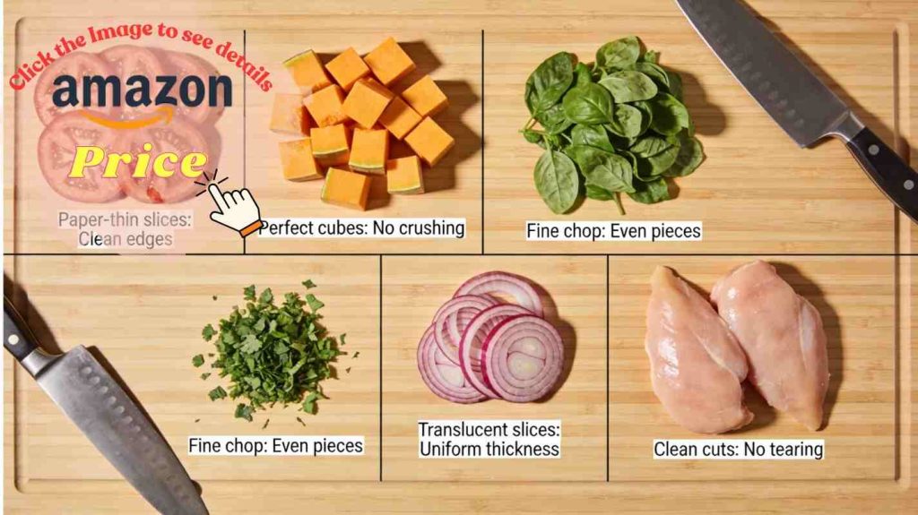 Cutting board displaying test results: tomatoes, squash, herbs, onions, and chicken sliced with precision