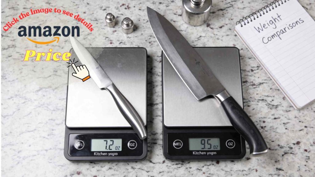 Digital kitchen scales measuring weight difference between lighter and heavier chef's knives