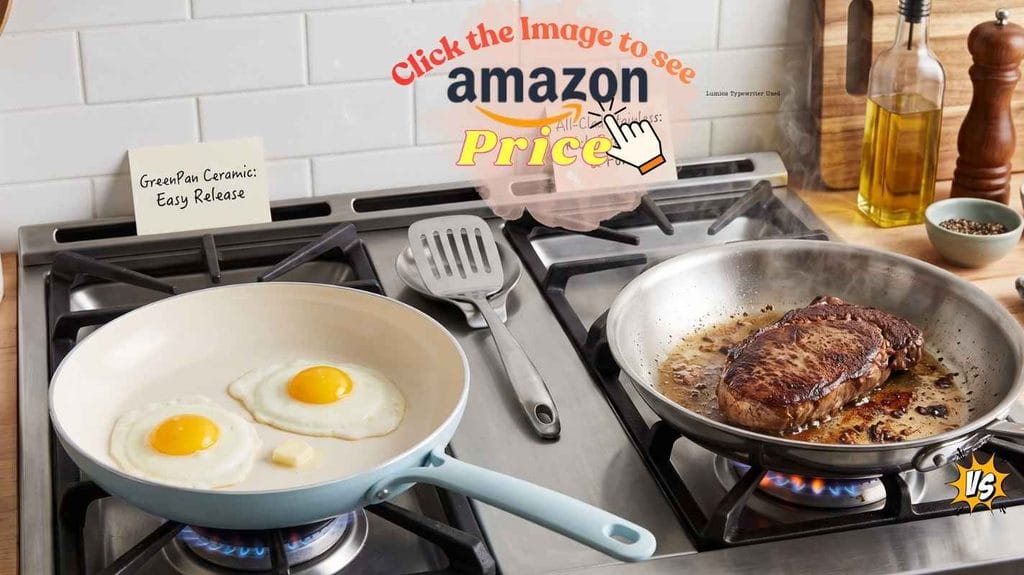 GreenPan ceramic vs All-Clad stainless on stove.