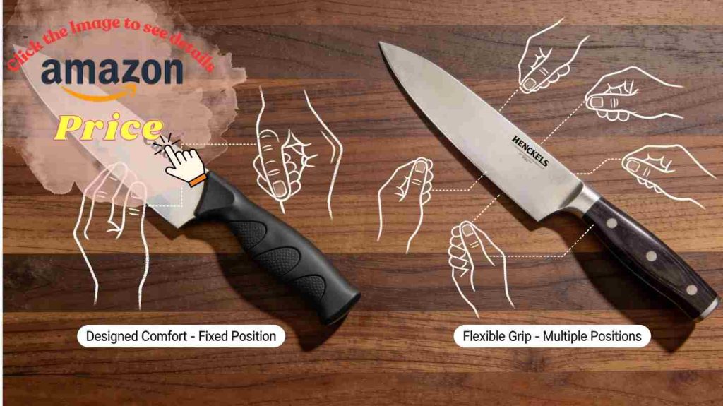 Handle comparison: Cutco contoured design with fixed grip versus Henckels traditional flexible Western-style handle 

