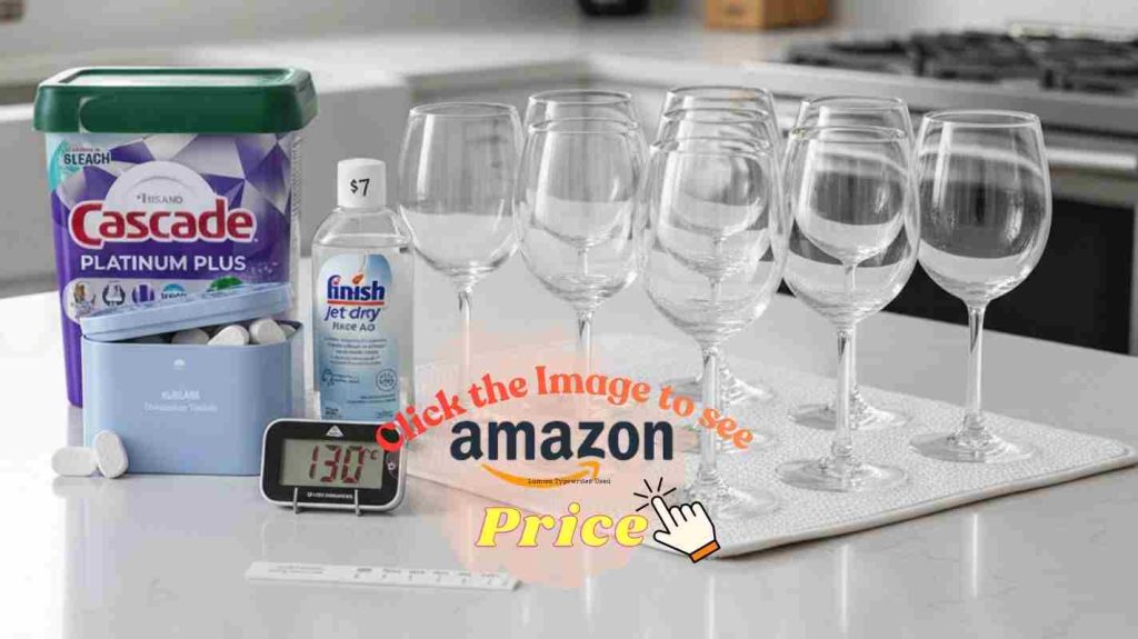 Hard water performance test: wine glasses showing spot comparison with water test strips and rinse aid bottle displayed