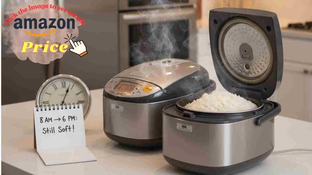 Keep-warm test at 6 PM: Zojirushi lid open showing soft fluffy rice still fresh; Cuckoo rice appears slightly firmer now.