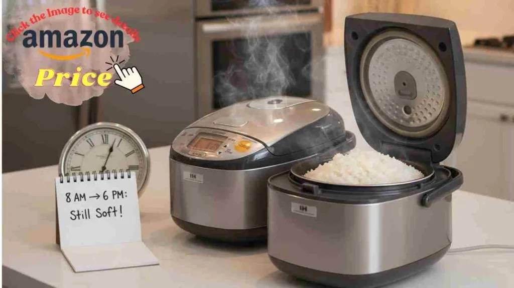 Keep-warm test at 6 PM: Zojirushi lid open showing soft fluffy rice still fresh; Cuckoo rice appears slightly firmer now.
