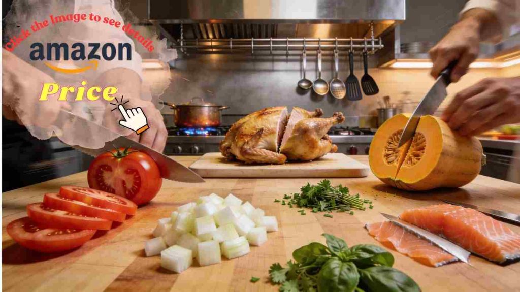 Kitchen performance test showing perfect tomato slices, diced onions, carved chicken, and butternut squash cuts on prep station