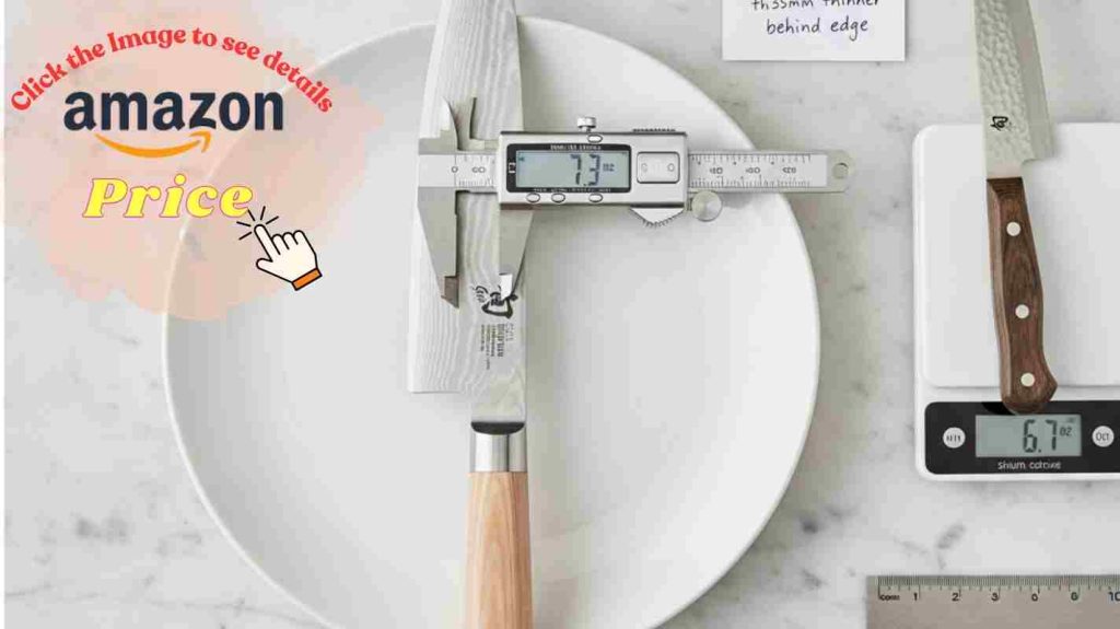 Kitchen scale and calipers measuring blade thickness and weight differences between chef's knives