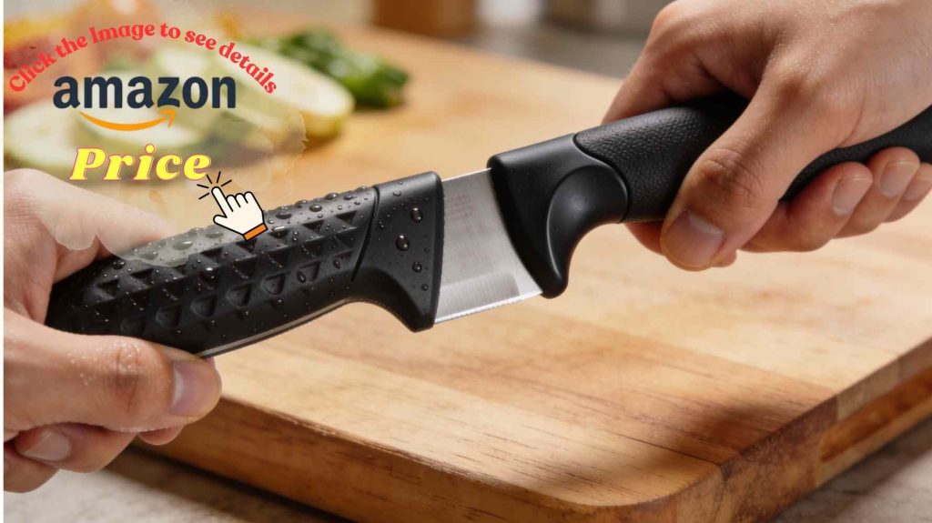 Knife handle comparison showing wedge-lock grip versus bolster design with water droplets on surfaces