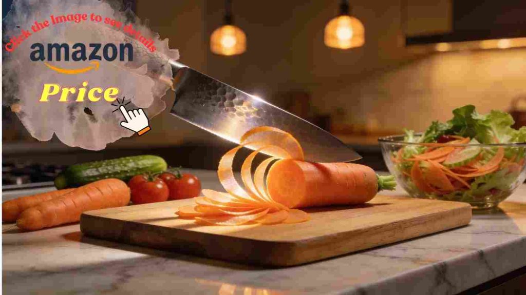 Knife slicing paper-thin carrot pieces on cutting board with salad bowl and fresh vegetables nearby 