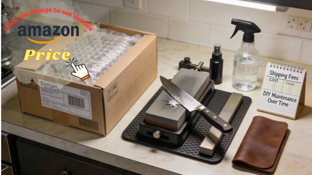 Mail-in sharpening box versus home whetstone kit showing two different knife maintenance approaches