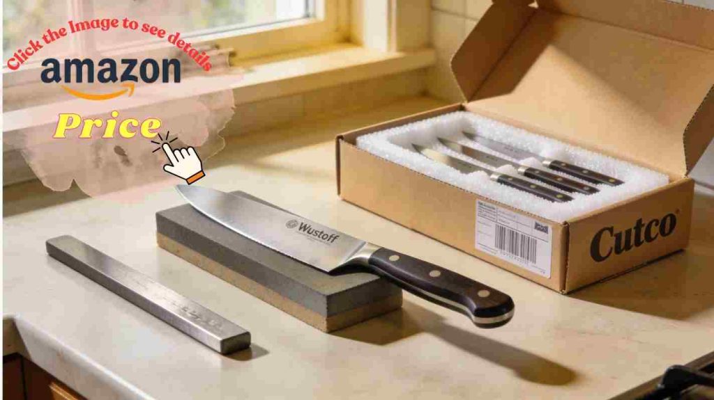 Maintenance contrast with Wusthof on whetstone and honing steel beside a mailed-in Cutco knife box 