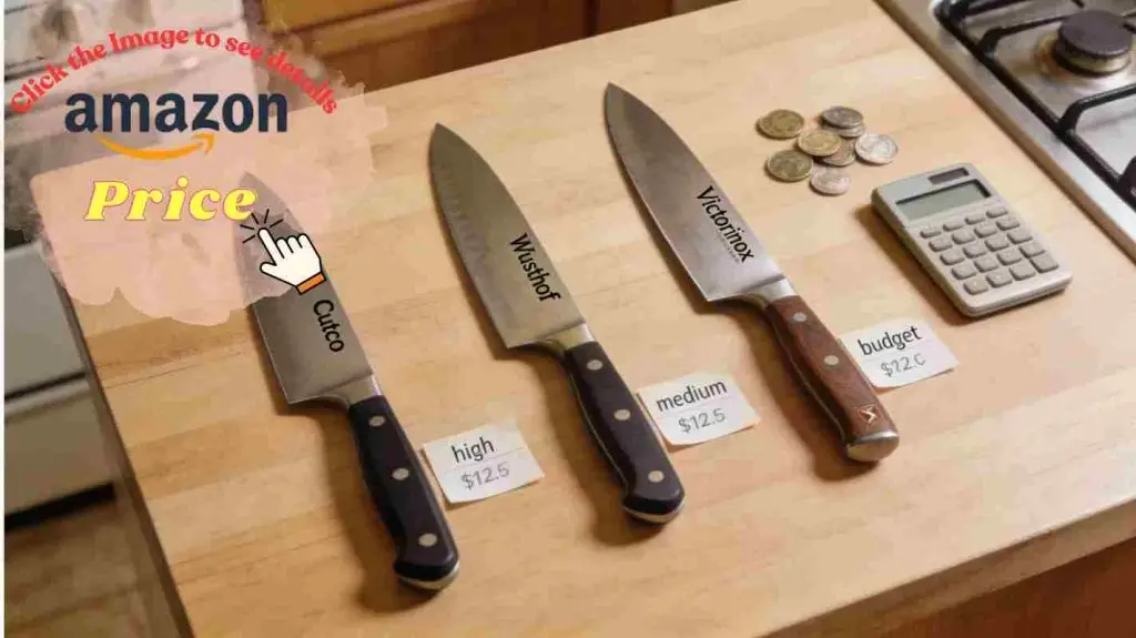 Price and value comparison scene with Cutco, Wusthof, and Victorinox knives, price tags, coins, and a calculator