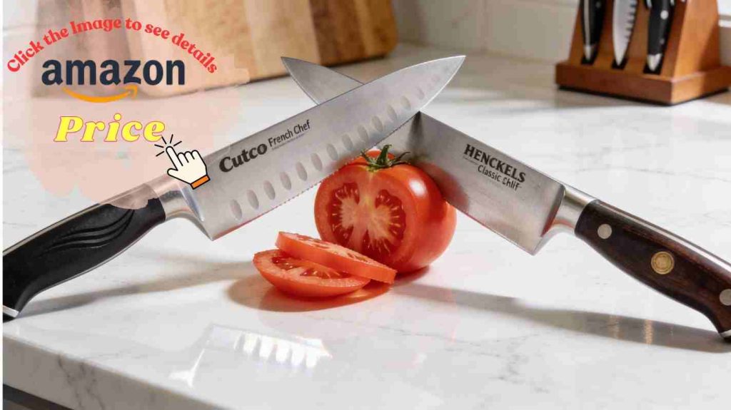 Side-by-side comparison of Cutco and Henckels chef knives on marble countertop with sliced tomato