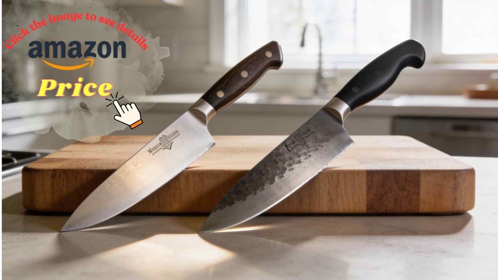 Side-by-side comparison of stamped American knife versus forged German knife on cutting board 
