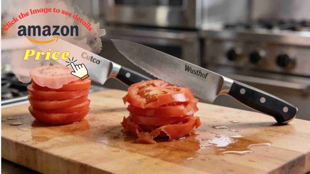 Steel quality and edge retention test with Cutco and Wusthof slicing tomatoes on a damp cutting board