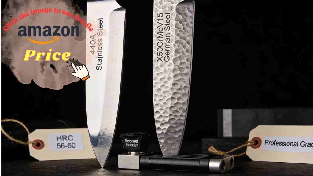 Steel quality comparison: 440A stainless versus X50CrMoV15 German steel with Rockwell hardness specifications displayed 
