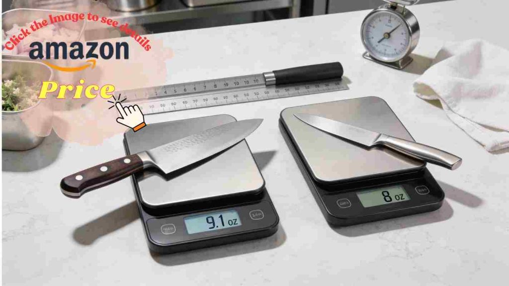 Weight comparison showing 9.1 oz vs 8 oz chef knives on digital scales with handle length measurement in kitchen prep area
