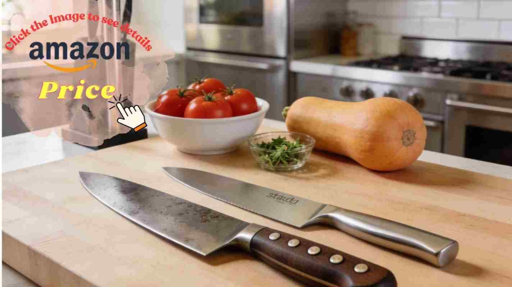 Wüsthof Classic vs Gourmet knives side-by-side comparison on wooden cutting board with kitchen prep ingredients 
