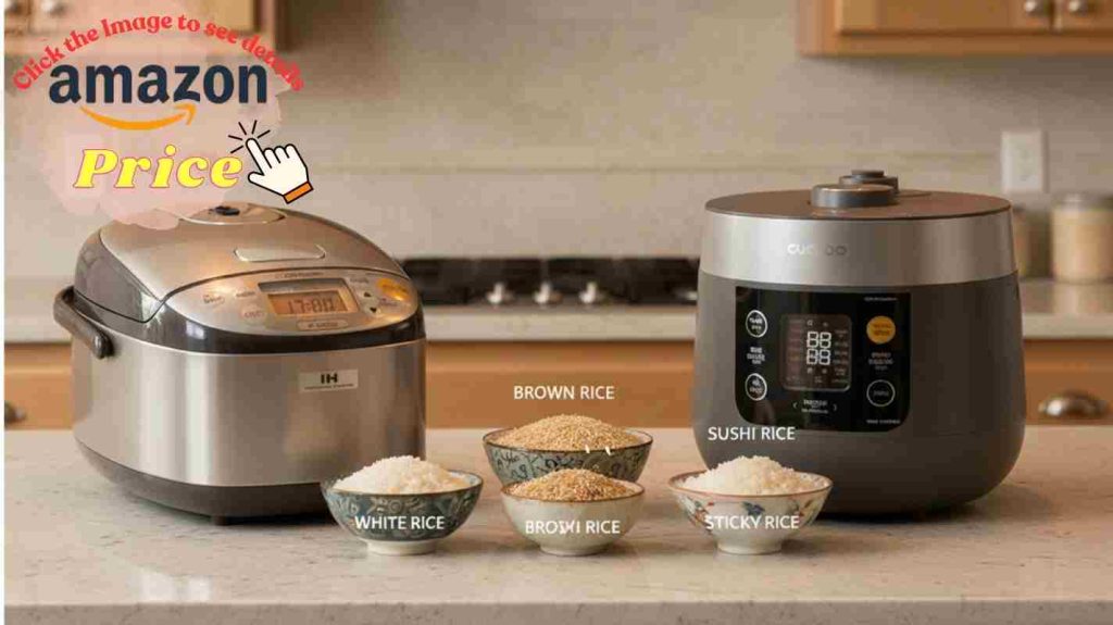 Zojirushi vs Cuckoo rice cookers face off on a granite countertop surrounded by bowls of white, brown, sushi, sticky rice.