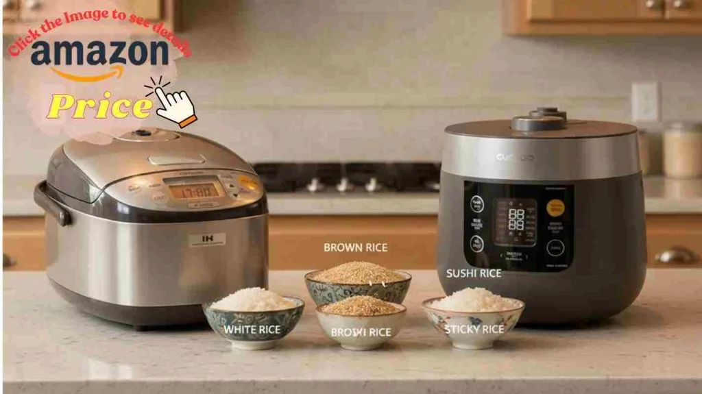 Zojirushi vs Cuckoo rice cookers face off on a granite countertop surrounded by bowls of white, brown, sushi, sticky rice.