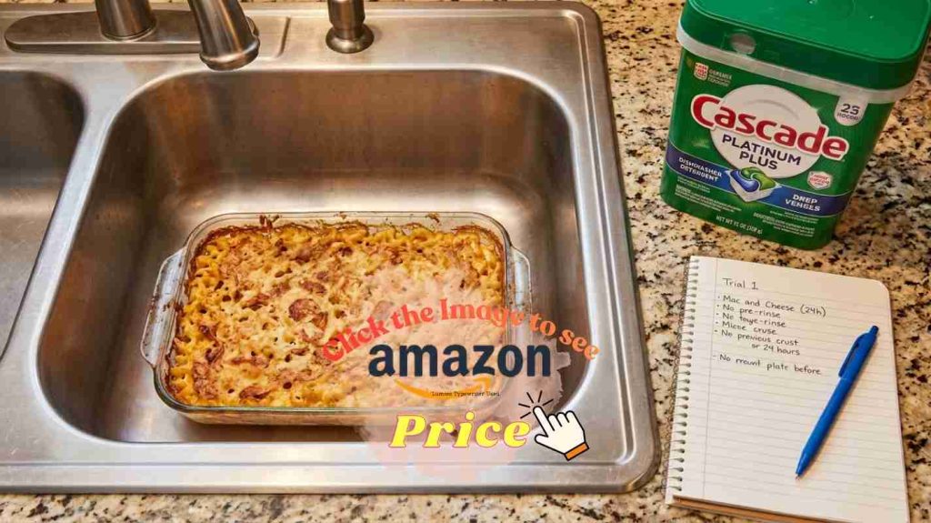 Baked mac-and-cheese crust stuck in glass dish in sink with Cascade package on countertop — baked-on food cleaning test.