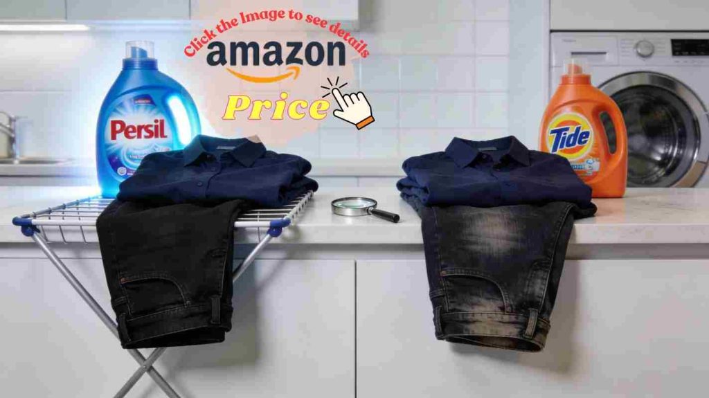 Dark jeans and navy shirts showing color vibrancy after washing — Persil wins the fabric care and color protection round.