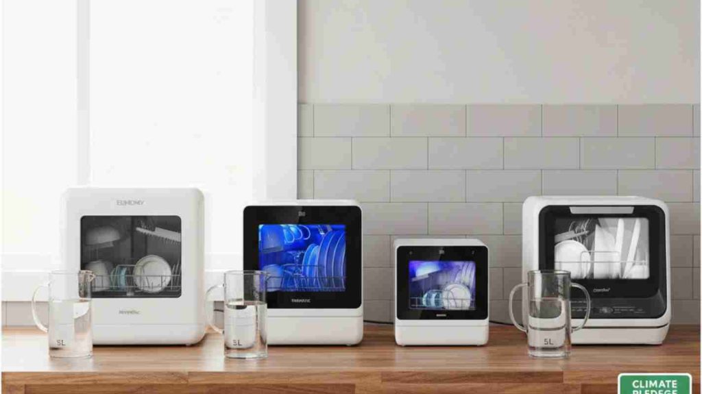 Four compact dishwashers lined up, each paired with a 5L water pitcher showing built-in tank mode freedom.

