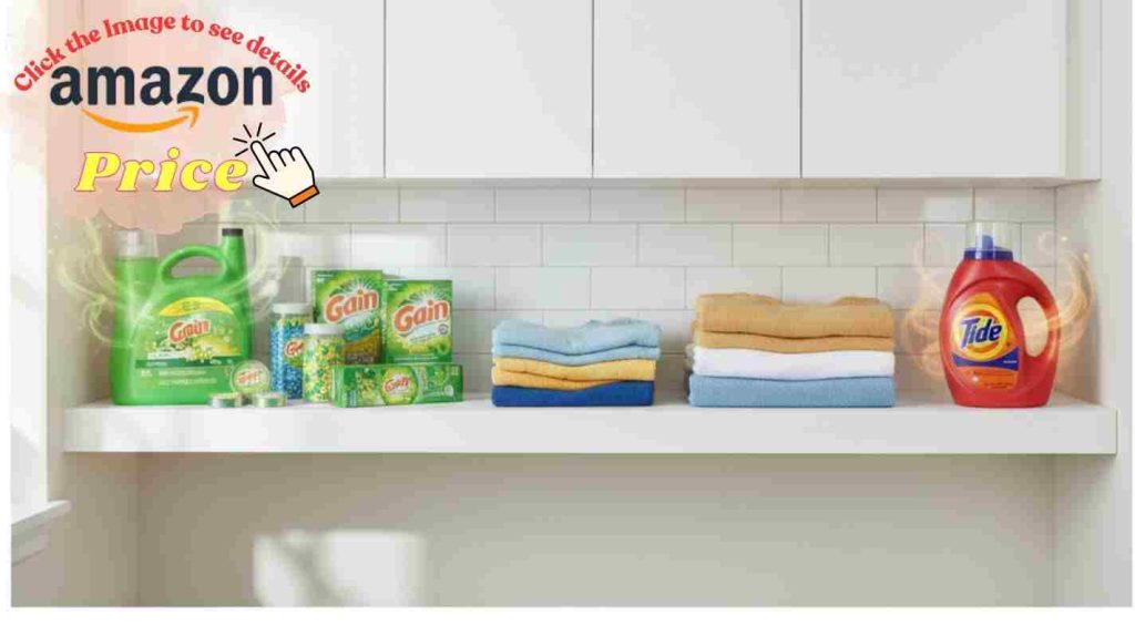 Gain's AromaBoost scent variety wins: laundry shelf displays fragrance boosters, wax melts, and dryer sheets vs Tide.