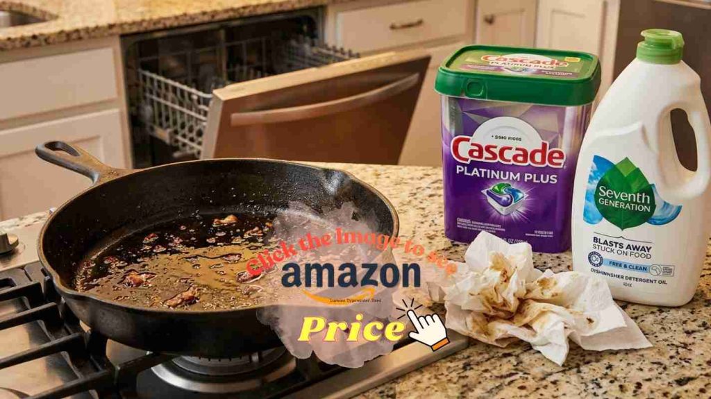 Greasy bacon pan on stovetop with Cascade and Seventh Generation bottles on counter — grease-fighting article test scene.