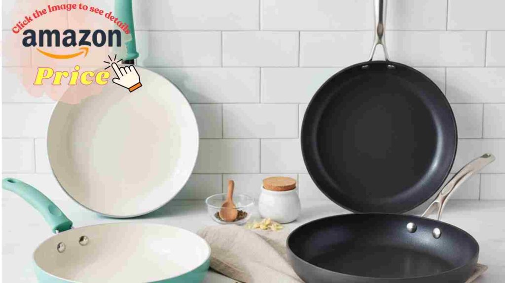 GreenLife turquoise ceramic pan vs GreenPan grey hard-anodized pan construction comparison on kitchen counter