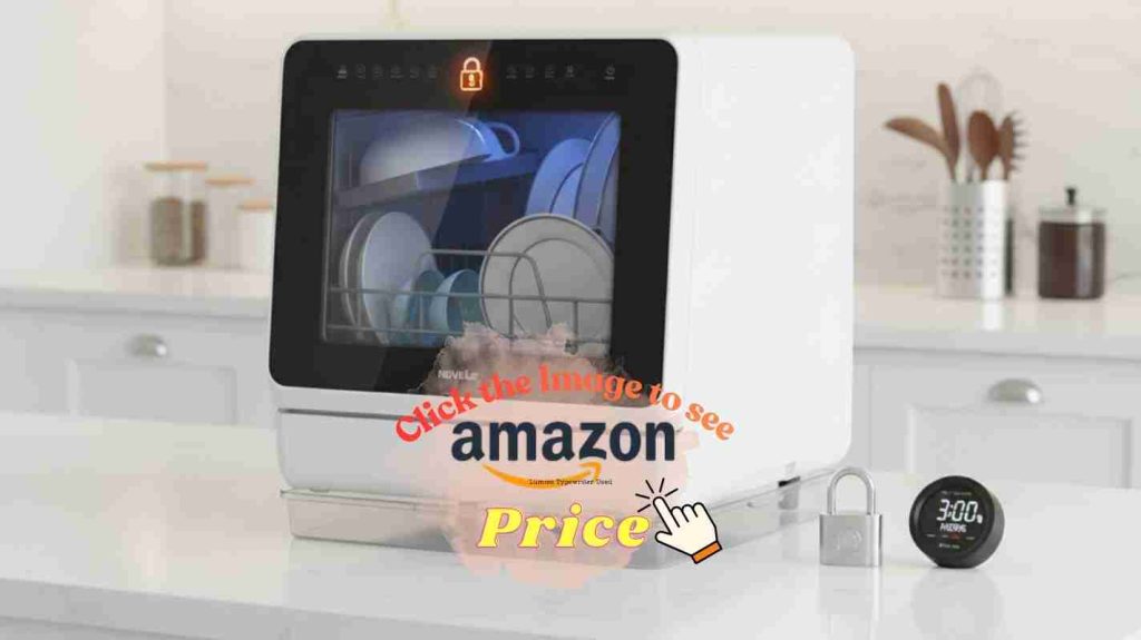 Hermitlux HDW5CW01 on countertop with glowing child lock icon, timer for delay start, and drip tray for leaks.